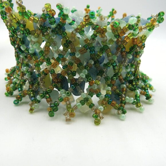 Beaded Stone Chip Wide Cuff Bracelet Green Blue Boho Chunky Statement - Picture 5 of 8